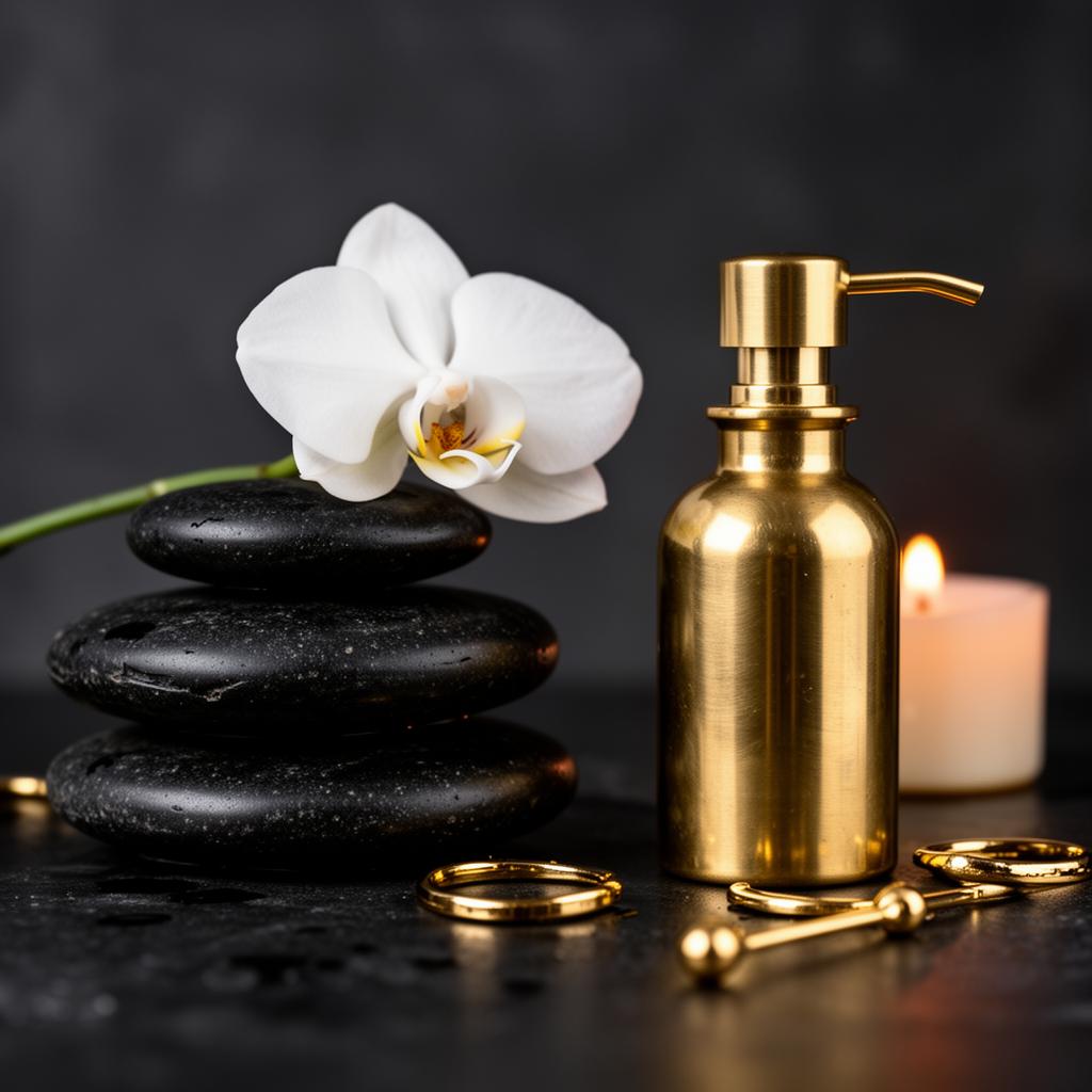 Premium spa essentials — black stones, gold oil and orchid