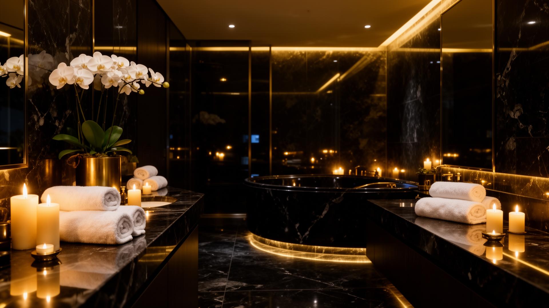 Luxury home spa setup with candles and orchids